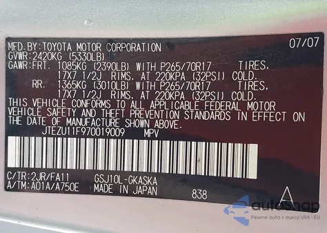 2007 Toyota Fj Cruiser z USA, uszkodzony, nr VIN JTEZU11F970019009